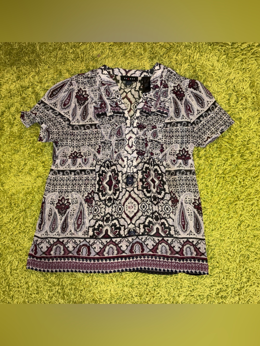 Axcess Short-Sleeve Blouse in White and Burgundy Paisley